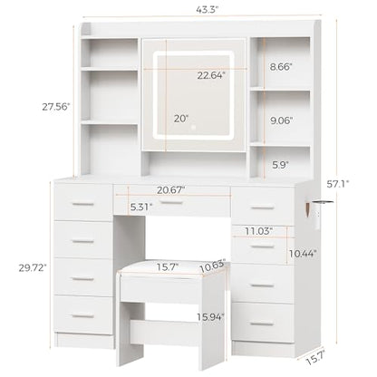 BEWISHOME Vanity Desk with Jewelry Storage,Power Outlet and Cushioned Stool | Makeup Vanity Table with Smart LED Mirror,3 Colors,Dressing Table with 9 Drawers and 6 Shelves for Bedroom Girls White