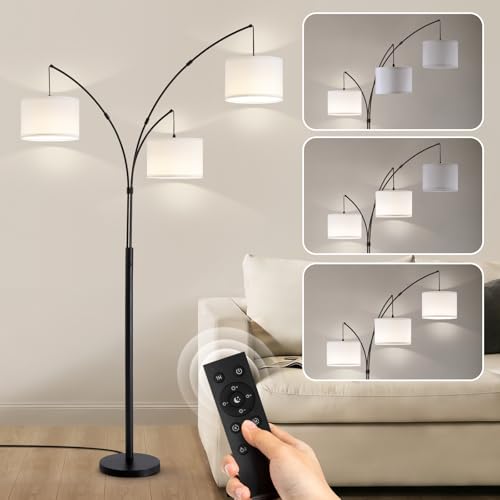 Netin 3 Light Arc Floor Lamps for Living Room, Large Floor Lamp with Remote Control, Modern 80" Tall Standing Lamp, 3 Color Temperature, Mid Century Tree Floor Lamp for Bedroom, Office - color: Matte Black-White Shade