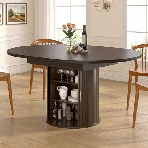 Extendable Round Dining Table: 47″–63″ Kitchen Table for 4 6 8 with Dust-Proof 2-Tier Storage Shelf Space Saving, Modern Farmhouse Expandable Wood Oval Circle Dinner Furniture with Pedestal Base