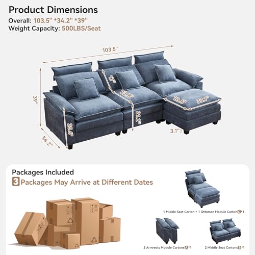 103'' Cloud Modern 3 Seater Couch with Detachable Headrest, Modular Sectional Sofa with Ottoman, Oversized L Shape Chenille Comfy Sofa with Armrests for Living Room, Blue - color: Blue, size: L Shaped Couch