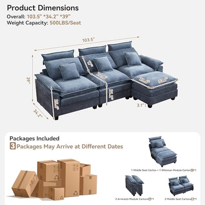 103'' Cloud Modern 3 Seater Couch with Detachable Headrest, Modular Sectional Sofa with Ottoman, Oversized L Shape Chenille Comfy Sofa with Armrests for Living Room, Blue - color: Blue, size: L Shaped Couch