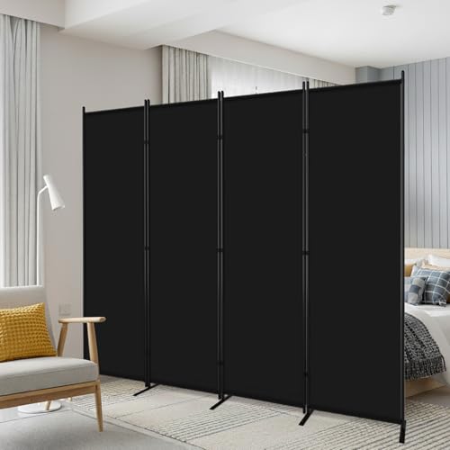 AKTOP 4 Panel Room Divider, 88"W x 6FT Fabric Folding Privacy Screen, Black | Portable Wall Divider for Room Separation, Non-See-Through Freestanding Screen with 13"W Base for Stability, Bedroom & Dorm - color: Black