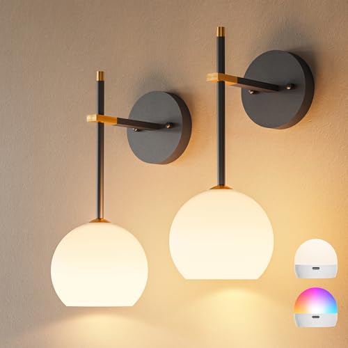 Black Gold Battery Operated Wall Sconces Set of 2, Rechargeable Wireless Wall Lights with Milky White Frosted Glass, 12 RGB and 3CCT Dimmable, Wall Lamps with Remote for Bedroom Living Room Hallway - color: Black Gold