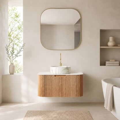 30" Floating Bathroom Vanity with Sink, Wall Mounted Plywood Cabinet, Natural Wood Grain Fluted Front, Sintered Stone Countertop, White Marble-Look Ceramic Vessel Sink, Soft-Close Drawer - color: Natural Oak Cabinet / White Marble Sink, size: 30 Inch
