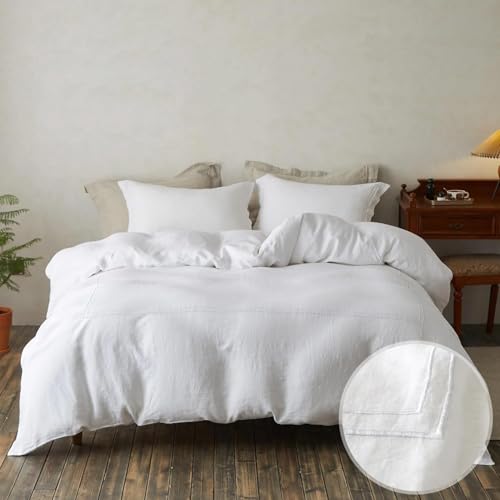 Simple&Opulence 100% Washed Linen Duvet Cover Set 78"x86" - 3 Pieces Soft Farmhouse Comforter Cover Set Double Embroidered with Button Closure - 1 Duvet Cover and 2 Pillowshams (White, Full) - color: 2 Embroidery White, size: Full