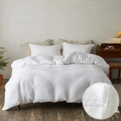 Simple&Opulence 100% Washed Linen Duvet Cover Set 78"x86" - 3 Pieces Soft Farmhouse Comforter Cover Set Double Embroidered with Button Closure - 1 Duvet Cover and 2 Pillowshams (White, Full) - color: 2 Embroidery White, size: Full