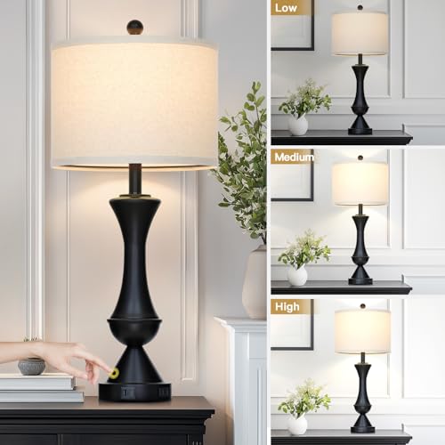 29" Black Tall Table Lamps for Living Room, Touch Control Bedroom Lamp with USB A+C Ports, 3-Way Dimmable Bedside Table Lamps Set of 2, Modern Metal Lamp for Nightstand - color: Black-2Pack