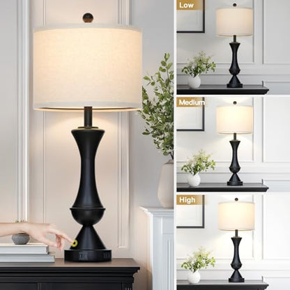 29" Black Tall Table Lamps for Living Room, Touch Control Bedroom Lamp with USB A+C Ports, 3-Way Dimmable Bedside Table Lamps Set of 2, Modern Metal Lamp for Nightstand - color: Black-2Pack