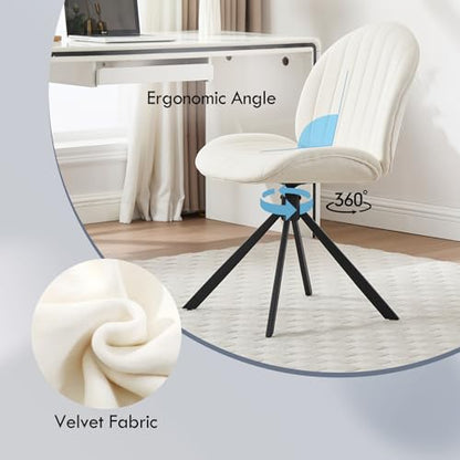 Velvet Swivel Office Chair No Wheels, Small Comfy Mid Century Armless Desk Chair, Cute Swivel Vanity Chair No Wheels for Small Spaces, Bedroom,Living Room,Home Office, Cream - color: Cream-velvet