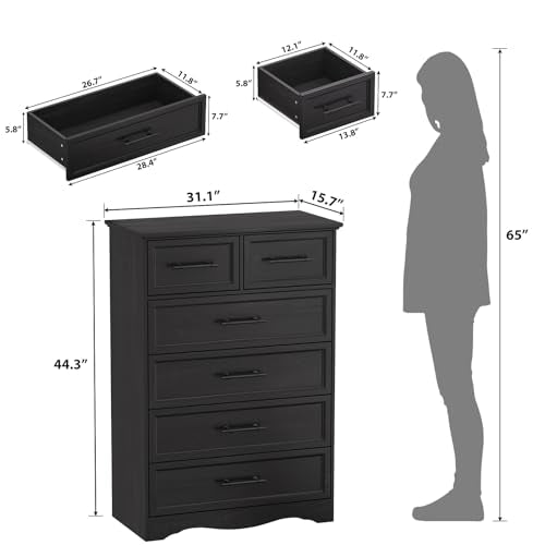 Black Dresser for Bedroom, Modern 6 Chest of Drawers, 44" Tall Chest of Drawers w/Brushed Metal Handle, Wood Closet Organizers and Storage Cabinet for Bedroom, Living Room, Hallway - color: Black, size: 15.7"D x 31.1"W x 44.3"H (6 Drawers)