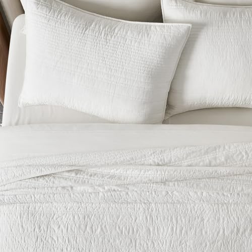 EVERGRACEHOME 100% Cotton Modern Lines Quilt Set Queen Size, Bright White | Pre-Washed Soft Cotton, Striped Coverlet Bedspread, 3 Piece Lightweight Bedding Set for All Season, with 2 Pillow Shams - color: Bright White, size: Full/Queen (92" X 92")