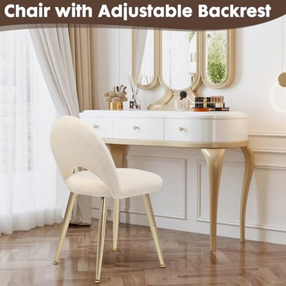 Vanity Chair with Adjustable Backrest, White Sherpa Vanity Stool | Upholstery Amless Makeup Stool, Boucle with Gold Metal Legs for Bedroom Living Room Kitchen Dinning Room (Off White) - color: Gold Sherpa White