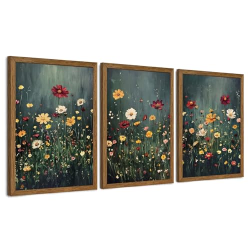 Urmoya 3 Pieces Moody Wildflower Dark Academia Floral Wall Art, 12x16 in | Vintage nature floral landscape wall decor, Wood framed, Ready to hang, Canvas art prints, over sofa, Bedroom, Office - color: Wildflower, size: 16"L x 12"W