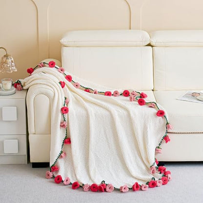 Crochet Flower Bouquet Throw Blanket, Handmade Knitted Blanket with Flowers, Cute Romantic Gift for Her Girlfriend Mom Mother’s Day Valentine Wedding Anniversary Birthday, Pink 40 Inches - color: Pink Lily of the Valle, size: 40 Inches