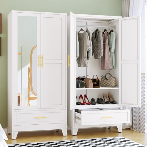 RIETERN Metal Armoire Wardrobe 71" Tall Closet, Bedroom Closet with Mirror | 1 Drawer, Adjustable Shelves, and Hanging Rod, Steel clothes closets and Storage, for Bedroom White - color: Mirror-white, size: 1 Drawer