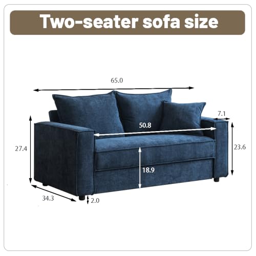 YUHUASHI Linen Fabric Loveseat Sofa, Modern Upholstered 2-Seater Couch with Square Arms and Throw Pillow, Sturdy Small Space Sofa Furniture for Living Room Bedroom Apartment (Blue, 65 Inch W) - color: Blue, size: 65 Inch W