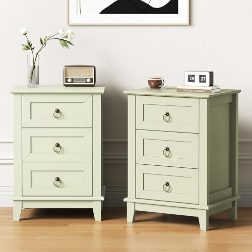 RoyalCraft Farmhouse Tall Nightstand Set of 2, Painted Wooden Bedside End Table with 3 Storage Drawers, Rustic Side Table for Bedroom, Living Room, Light Green - size: 2 Piece