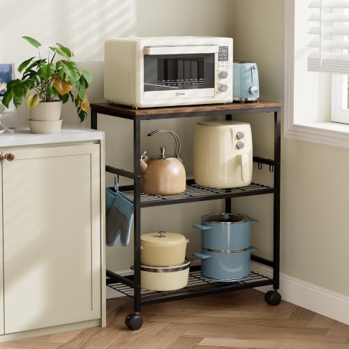 Kitchen Rolling Cart, 3-Tier Microwave Stand with Lockable Wheels, One-Piece Mobile Utility Cart for Kitchen, Coffee Bar, Office,Brown 22.6" x 15.7" x 27.6"