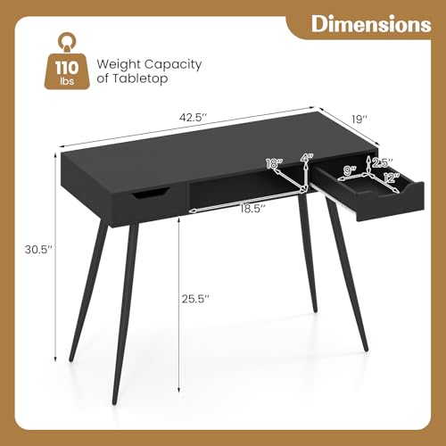 GIANTEX Mid Century Modern Computer Desk with Drawers, 42.5" Writing Desk with Open Storage Cubby, Vanity Table with Metal Leg, Compact Wooden Study Table for Small Spaces Home Office (Black) - color: Black