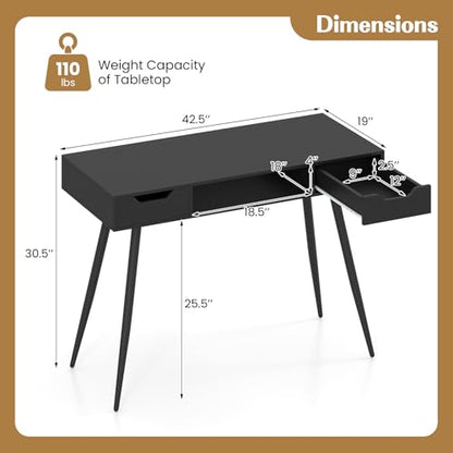GIANTEX Mid Century Modern Computer Desk with Drawers, 42.5" Writing Desk with Open Storage Cubby, Vanity Table with Metal Leg, Compact Wooden Study Table for Small Spaces Home Office (Black) - color: Black