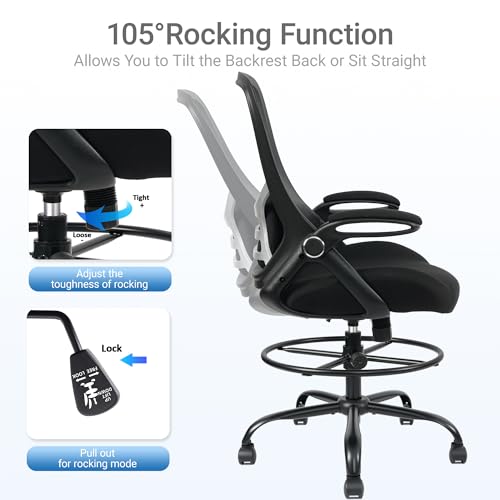 400lbs Big and Tall Heavy Duty Drafting Chair 5" Thickened Seat Tall Office Chair Flip-Up Armrests Ergonomic Chair with Lumbar Support and Adjustable Footrest Ring Standing Desk Chair (Black) - color: Black