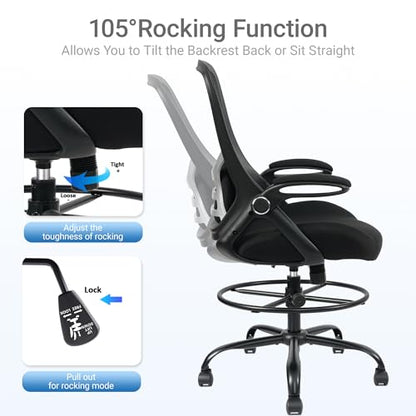 400lbs Big and Tall Heavy Duty Drafting Chair 5" Thickened Seat Tall Office Chair Flip-Up Armrests Ergonomic Chair with Lumbar Support and Adjustable Footrest Ring Standing Desk Chair (Black) - color: Black