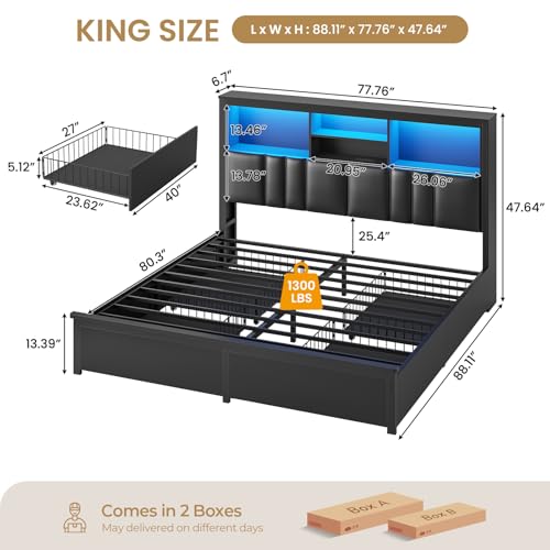 DICTAC King Bed Frame with 4 Storage Drawers & Upholstered Bookcase Headboard, Bed Frame King Size with LED Lights & Charging Station, Heavy-Duty Metal Platform Bed, No Box Spring Needed, Noise Free - color: Deluxe Black, size: King