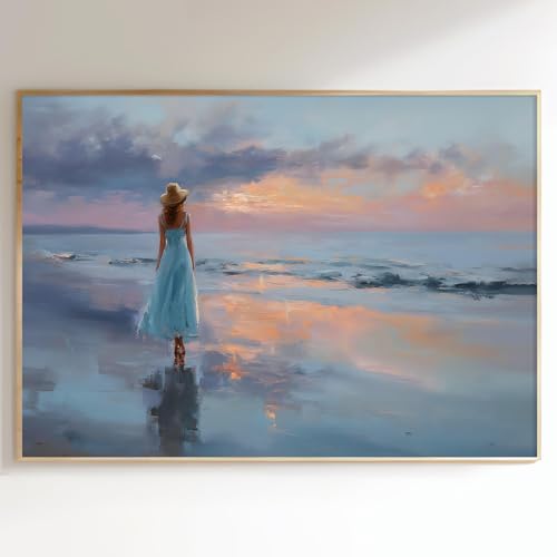 Blue Coastal Cowgirl Wall Art Ocean Sunset Painting Trendy Beach Pictures Vintage Summer Poster Coastal Girl Prints Ocean Wave Painting Sunrise or Sunset Artwork Retro Beach Pictures 24x16in Frameless - color: H2Unframed