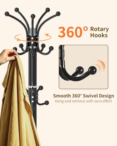 Metal Coat Rack, Modern Coat Rack Stand, 360°Rotary Coat Tree Stand | Heavy Duty Coat Rack Freestanding with Natural Marble Base, Black Clothes Tree Hanger Stand with 14 Hooks & Umbrella Holder - color: Black-16Hooks