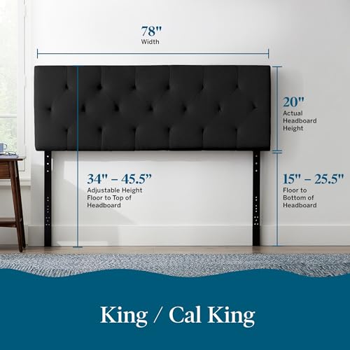 Lucid Mid-Rise Upholstered Headboard - Diamond Tufted - Padded Polyester - Adjustable Height from 34” to 46” - Easy Assembly - Bed Frame or Wall Mount - Sturdy - Black - King / Cal King Size - color: Black, size: King/Cal King