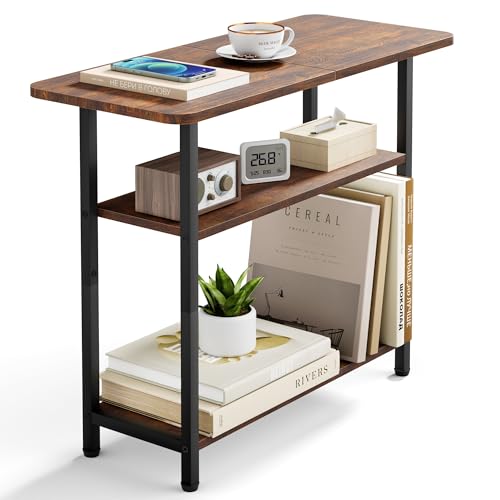 SLEEPING LAMB Side Table for Living Room, 3-Tier End Table for Small Space with Wide Storage Tabletop, Rustic Brown Narrow Nightstand for Bedroom, Sofa Couch - color: Brown