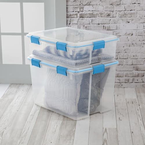 Sterilite Gasket Storage Box with Lids for Home & Office, 37 Quart, 16-Pack | Heavy-Duty, Stackable, and Organizing Containers for Bathroom, Cabinet, Closet, and Garage, Clear and Blue Aquarium Latches - size: 37 Quart, style: 16 Pack