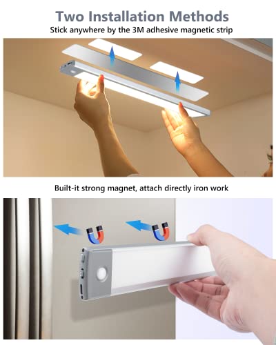 PRIORARE Motion Sensor Under Cabinet Lighting 3 Color Temperatures, 60-LED Wireless Closet Light, USB-C Rechargeable Battery Powered Operated Lights, Magnetic Activated Cupboard Night Light 2 Pack | 2 Pack USB-C Rechargeable Battery Powered Operated Light