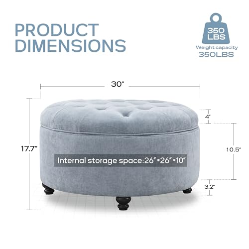 HUIMO 30-Inch Round Storage Ottoman, Button Tufted Coffee Table(Light Blue) | Ottoman Coffee Table with Removable Top, Upholstered Ottoman with Storage, Footrest Stool for Living Room, Bedroom and Office - color: Light Blue