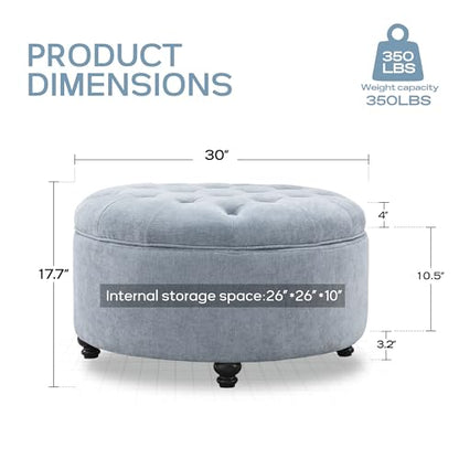 HUIMO 30-Inch Round Storage Ottoman, Button Tufted Coffee Table(Light Blue) | Ottoman Coffee Table with Removable Top, Upholstered Ottoman with Storage, Footrest Stool for Living Room, Bedroom and Office - color: Light Blue