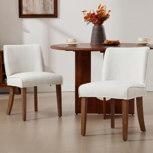 Mid-Century Dining Chairs Set of 6, Linen Fabric Solid White Kitchen Chairs with Walnut Wood Leg Cushioned Back Modern Rustic Side Chairs for Dining Room/Kitchen/Restaurant - color: Linen- White, size: 6 Chairs