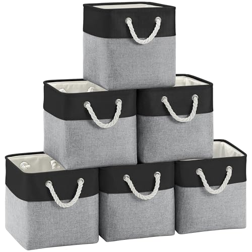 FinishingBo 11 inch Cube Storage Bin with Handles 6 Pack | Foldable Basket, Fabric Storage Bins, Closet Storage, Home Organizer (Black/ Gray) - color: Black/Grey-6 Pack
