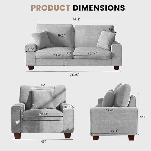 DOPEDIO 71.25" Sofa Set, Chenille Loveseat & 2 Accent Chairs, Light Gray | Modern chenille sofa set with removable covers, spring cushions, solid wood frame, easy assembly for comfortable living rooms - size: 71.25 inch + 2 Single, style: Light Grey Cheni