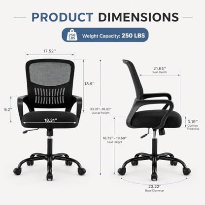 Ergonomic Office Chair, Home Office Desk Chair, Game Chair with Lumbar Support, Breathable Mesh Chairs, Swivel Desk Chairs for Computer, Home, Office, 360° Swivel (Blank) - color: Black With Fixed Armrest