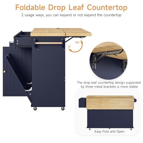 60" Kitchen Island with Power Outlet & Drop Leaf, Rolling Island with Spice Rack & Towel Rack, Kitchen Island Cart with Trash Storage Cabinet, Island Table for Kitchen, Blue - color: Blue