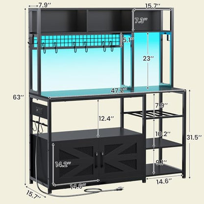 Itaar 47.2 Inch Bakers Rack with Power Outlet, Microwave Stand with Storage, Farmhouse Coffee Bar Cabinet Station with Wine Rack, Iron Mesh and 8-S Hooks (Black) - color: Black
