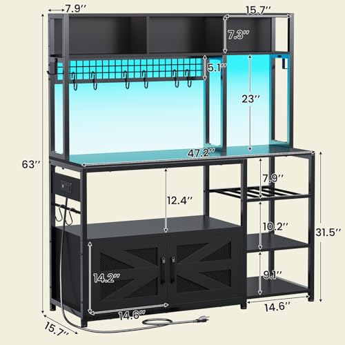 Itaar 47.2 Inch Bakers Rack with Power Outlet, Microwave Stand with Storage, Farmhouse Coffee Bar Cabinet Station with Wine Rack, Iron Mesh and 8-S Hooks (Black) - color: Black