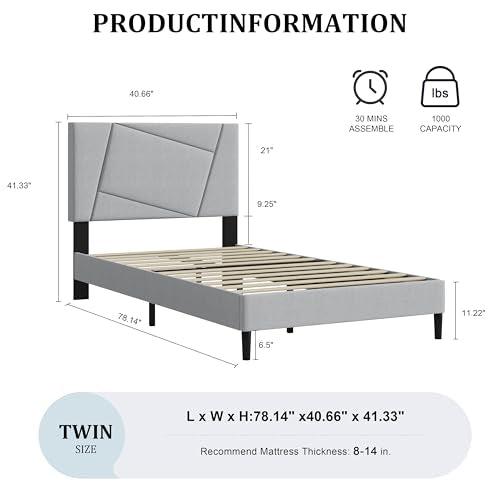 Twin Size Upholstered Bed Frame Frame with Headboard，Velvet Gray | Geometric Head Board Platform Bed, Sturdy Wooden Slats, Noiseless No Box Spring Required, Easy to Assemble - color: Light Gray, size: Twin