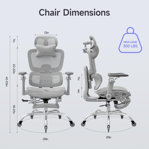 Office Chair with Footrest, Ergonomic Chair with 3D Headrest, Computer Chair with Adjustable Backrest & 6D Armrest, Gaming Chair with Adaptive Lumbar Support, Adjustable Seat Depth, Grey - color: Grey, style: Plus