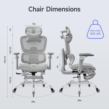Office Chair with Footrest, Ergonomic Chair with 3D Headrest, Computer Chair with Adjustable Backrest & 6D Armrest, Gaming Chair with Adaptive Lumbar Support, Adjustable Seat Depth, Grey - color: Grey, style: Plus