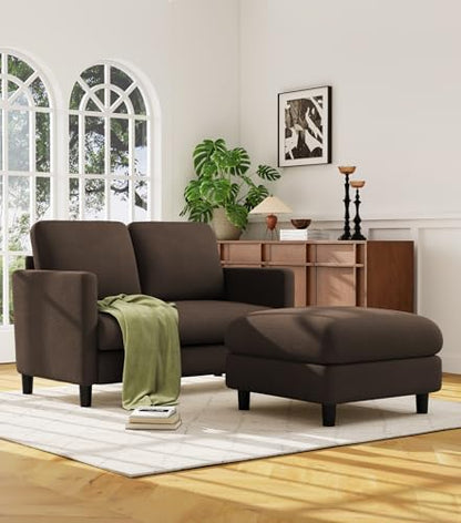 Welzona Loveseat Sofa with Ottoman, 51" Small L Shaped Teddy Couch Sofa | Comfy Teddy Fabric, Tool-free Setup, Washable Covers, All-wood Couch Sets for Living Room, Bedroom, Small Spaces, Brown - color: Brown, size: loveseat & ottoman