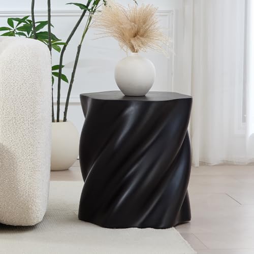 17.72" End Table with Flower Shaped, Modern Drum Distorted Small Coffee Table Faux Stone Side Table for Living Room Apartment, Fiberglass, No Assembly (Black) - color: 17.72" End Table With Flower Shaped,black