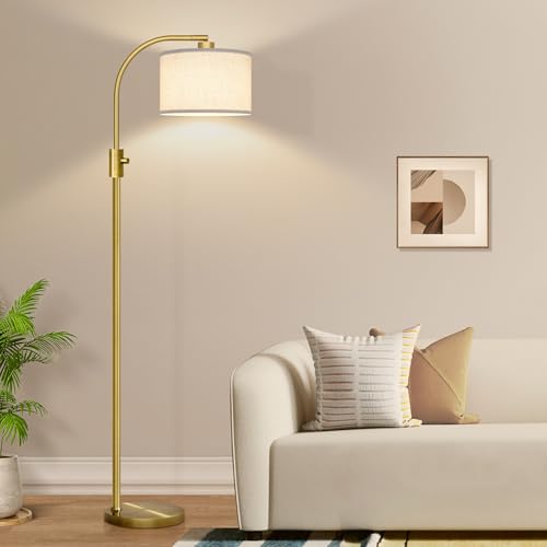 Nintiue Upgraded Modern Arc Dimmable Tall Standing Floor Lamp with Linen Shade, 1200 Lumens LED Bulb Included, for Living & Reading Room, Bedroom, Office & Nursery, Brass - color: Brass-Linen shade