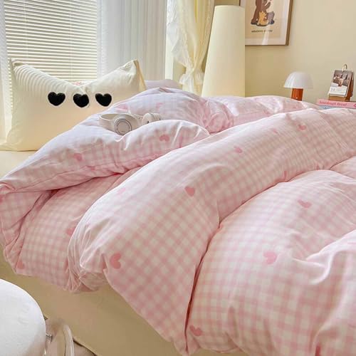 Faincy Queen Comforter Set, Pink and White Grid Heart Plaid Buffalo Check Gingham Pattern Printed Comforter, Soft Microfiber Duvet Cottage Preppy Decor Bedding in a Bag for Women Men, Size 90x90 3PC - color: Pink and White Grid Comforter Set, size: Queen