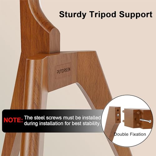 PUTORSEN Solid Wood Easel TV Stand for 45-65'' TVs, Hidden Cable, Walnut | Stability, Easy to Assemble, Top Shelf, Swivel, Tripod TV Stand, Max VESA 400x400, Max holds 88lbs, Living room, Corner